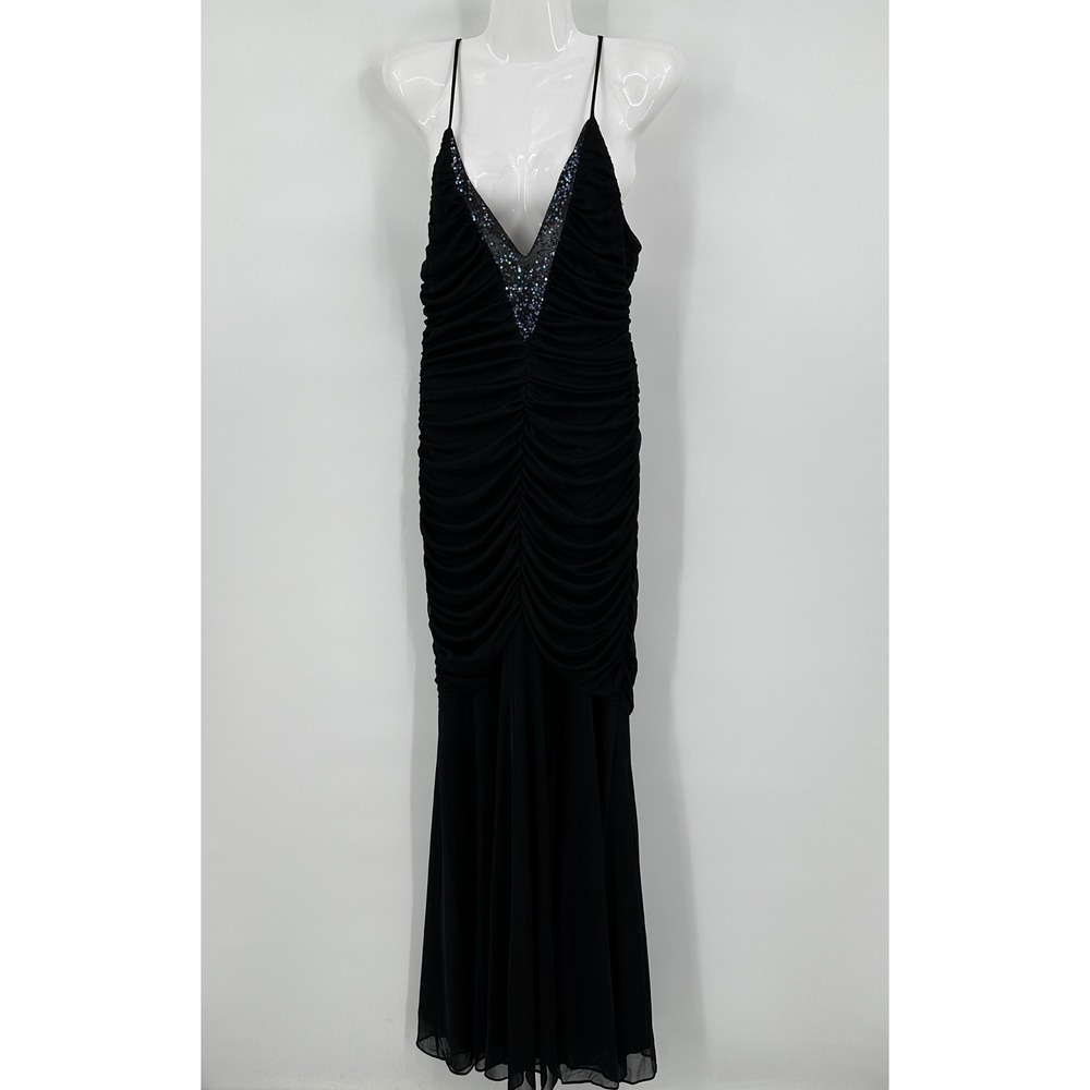 Urban Girl Womens Mermaid Ruched Gown Size L Black Sequin Plunge Formal Vintage‎